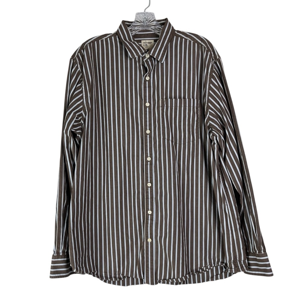 Old Navy Button Down Shirt Mens XL Brown Blue White Stripe Long Sleeve Casual